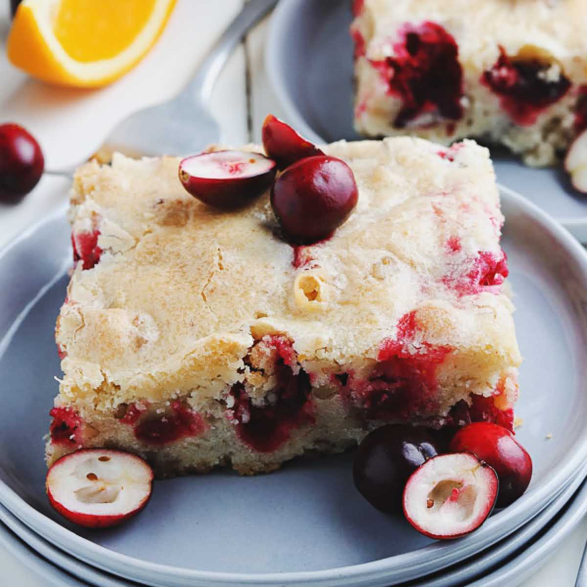 Closeup view of a slice of Cranberry Orange Cake on a gray plate.