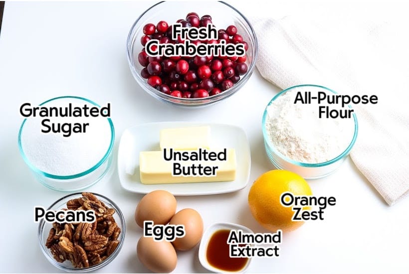 Cranberry Orange Cake ingredients with text overlay.