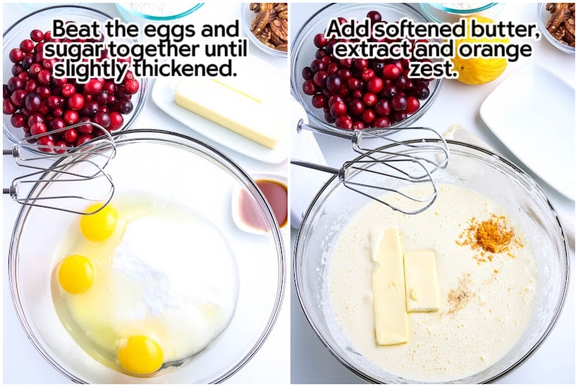Two image collage of eggs and sugar in a bowl and butter extract and orange zest added to mixture with text overlay.