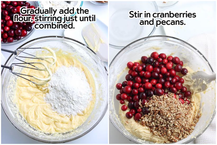 Side by side images of flour added to wet ingredient mixture and cranberries and pecans added to mixture with text overlay.