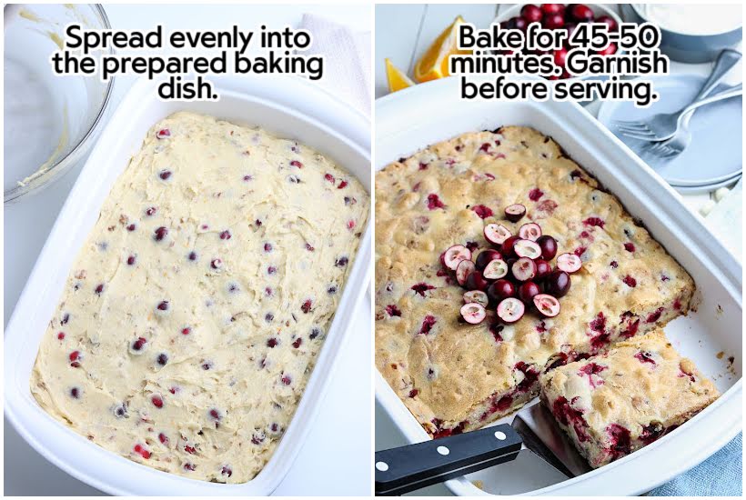Two image collage of cake batter in a baking dish and Cranberry Orange Cake after being baked and with slices removed with text overlay.