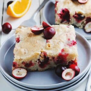 Close up of a slice of Cranberry Cake on a plate.