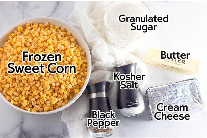 Ingredients needed to make skillet creamed corn with text overlay.
