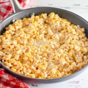 Close up of Skillet Creamed Corn in a skillet.