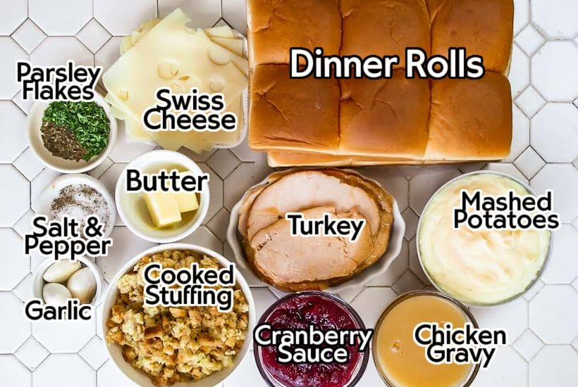 Ingredients needed to make Thanksgiving Sliders with text overlay.