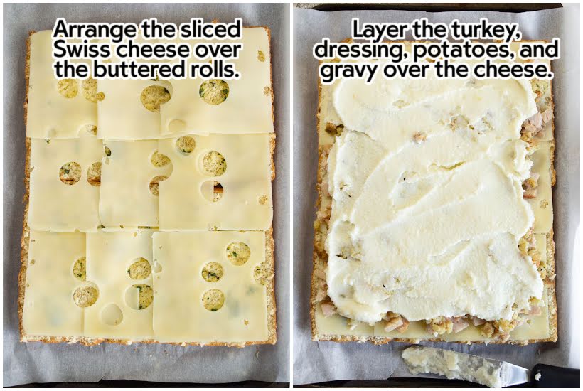Two image collage of Swiss cheese slices added to bread and turkey, dressing, potatoes, and gravy added with text overlay.
