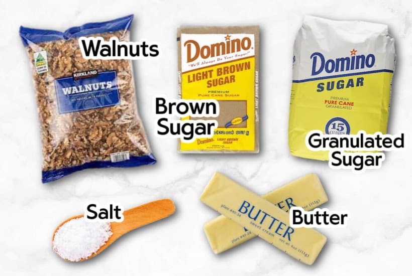 Ingredients needed to make the candied walnuts with brown sugar recipe text labels.