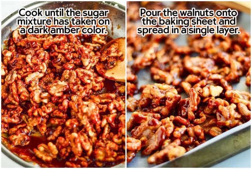 Two images of candied walnuts with brown sugar cooked in a skillet and the candied nuts spread out on a cookie sheet with text overlay.