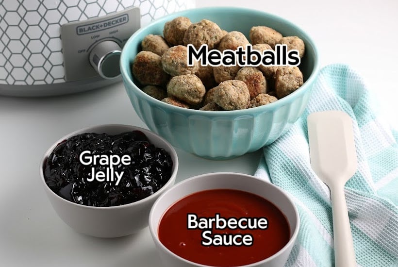 Ingredients needed to make crockpot grape jelly meatballs with text overlay.