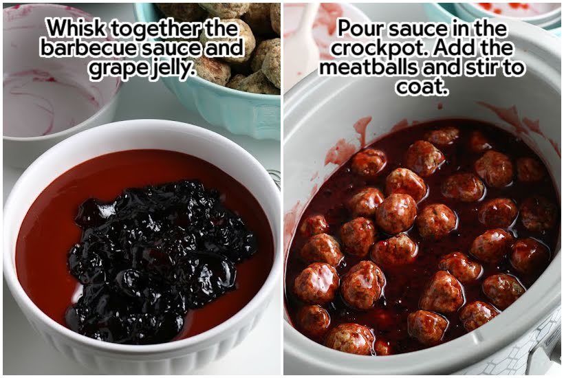 Two image collage of BBQ sauce and grape jelly in a mixing bowl and a crockpot filled with meatballs and sauce with text overlay.