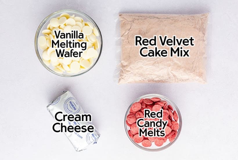 Ingredients needed to make Red Velvet Cake Balls with text overlay.