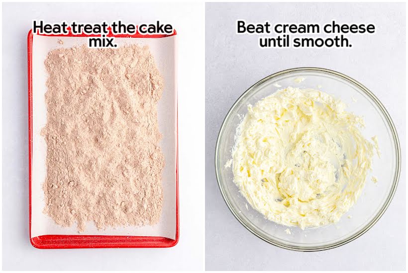 Side by side images of a lined cookie sheet with cake mix on it and cream cheese in a mixing bowl with text overlay.