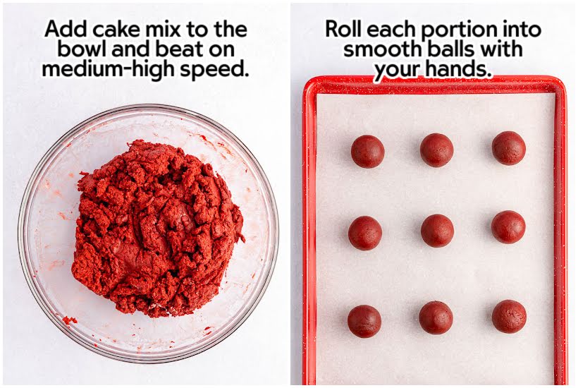 Two images of cake mix batter in a mixing bowl and rolled cake bites on a lined cookie sheet with text overlay.