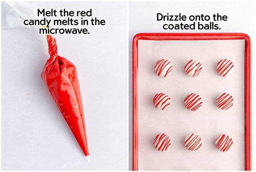 Two images of candy melts in a bag and coated and decorated cake balls on a tray with text overlay.