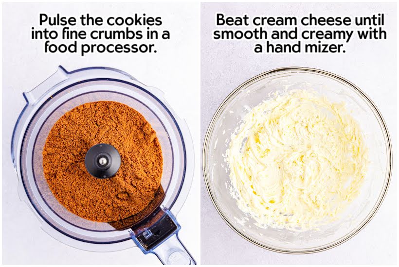 Two image collage of cookie crumbs in a food processor bowl and cream cheese after being mixed in a mixing bowl with text overlay.