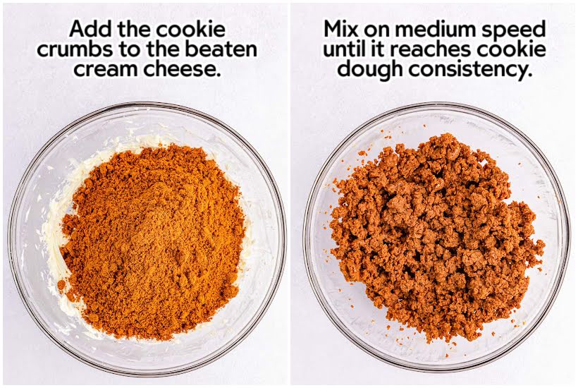 Side by side images of cookie crumbs added to the cream cheese and the mixture mixed together in a mixing bowl with text overlay.