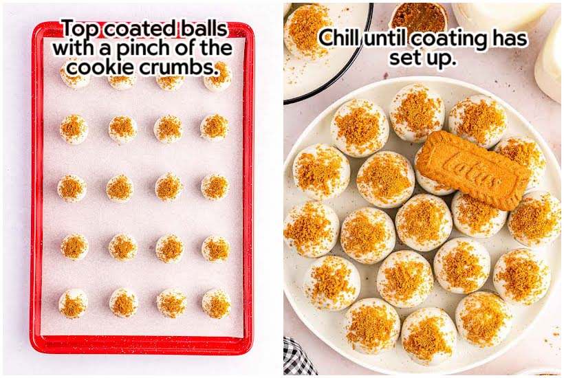Side by side images of Biscoff cookie balls topped with cookie crumbs on a cookie sheet and cookie butter truffles on a plate with text overlay.