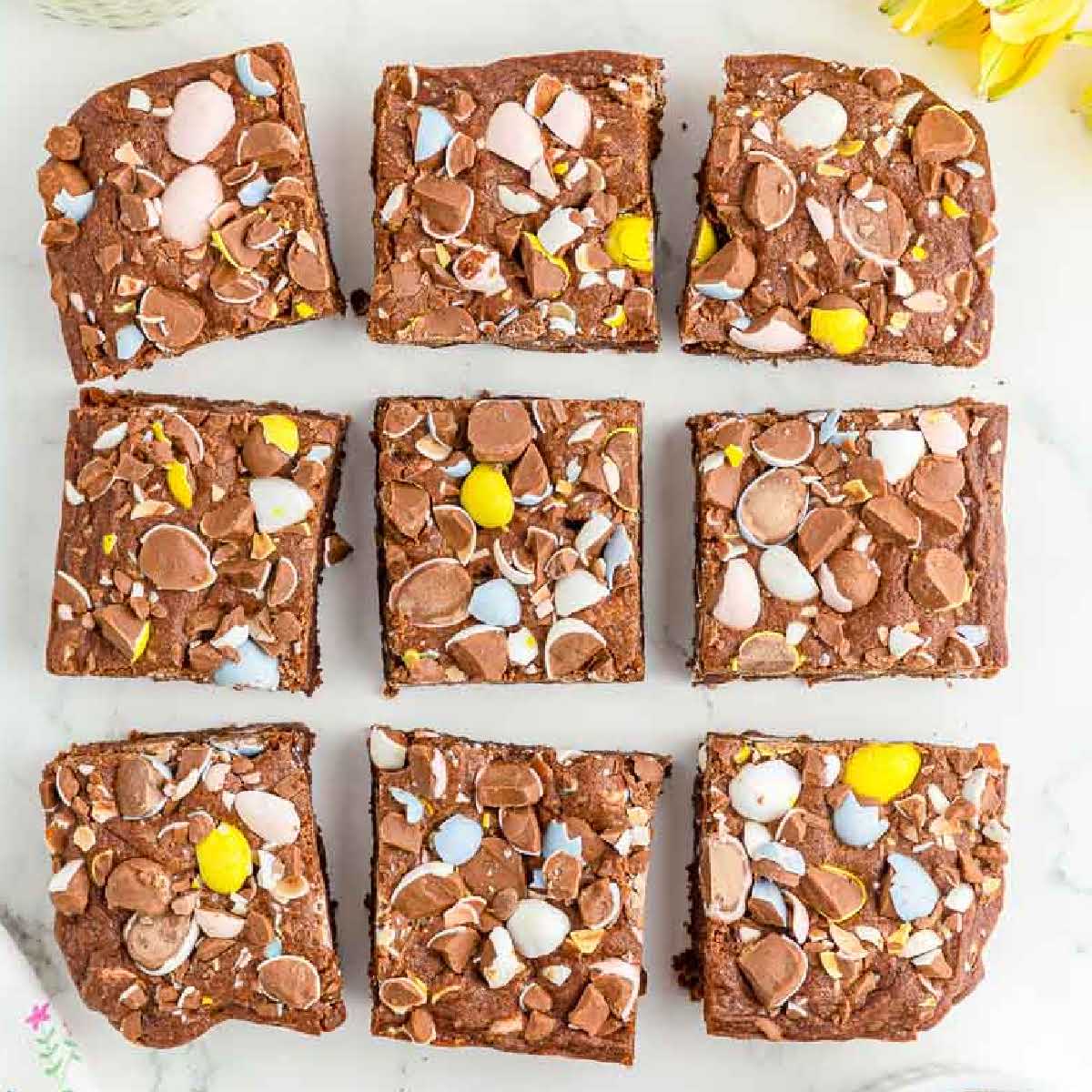 Overhead view of Cadbury Mini Egg Brownies cut into squares, on a white background.