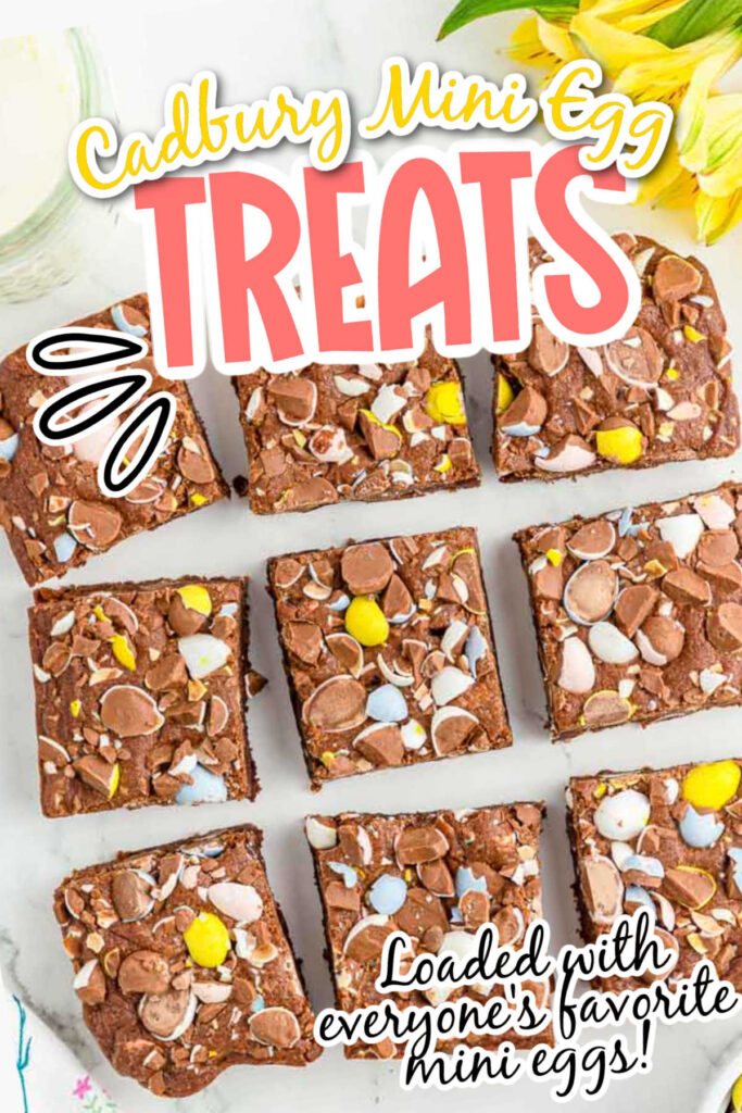 Overhead view of homemade Cadbury Mini Egg Brownies with text overlay.