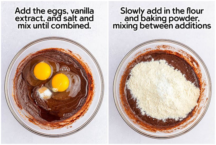 Two images of eggs, vanilla, and salt added to the batter mixture and flour and baking powder added to the batter with text overlay.