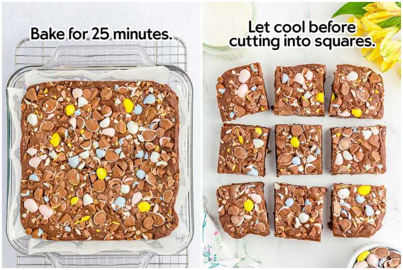 Two images of Cadbury Mini Eggs Brownies after being baked and brownies cut into squares with text overlay.
