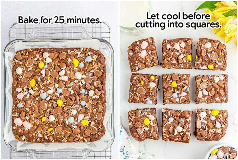 Two images of Cadbury Mini Eggs Brownies after being baked and brownies cut into squares with text overlay.