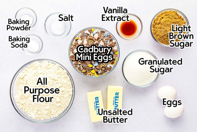 Ingredients needed to make Cadbury Mini Egg Cookie Bars with text labels overlay.