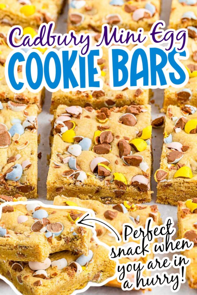 Cadbury Mini Egg Cookie Bars cut into squares with text overlay.