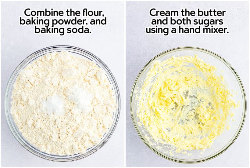 Two image collage of dry ingredients in a mixing bowl and butter and sugars in a mixing bowl with text overlay.