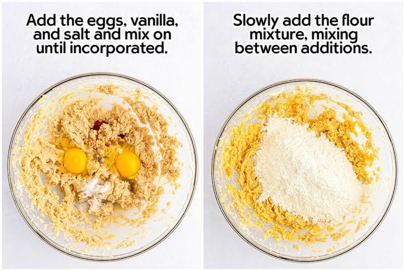 Two image collage of eggs, vanilla, and salt added to the batter and flour added with text overlay.