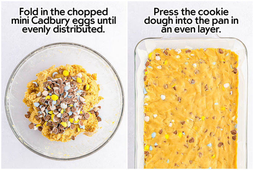 Two image collage of chopped mini Cadbury eggs added to the batter and cookie dough pressed into a 9x13 glass dish with text overlay.