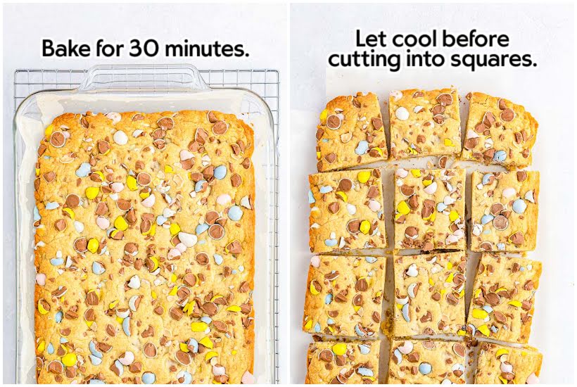 Side by side images of Cadbury tray bake bars in a 9x13 baking dish after baking and Cadbury Mini Egg Cookie Bars cut into squares with text overlay.