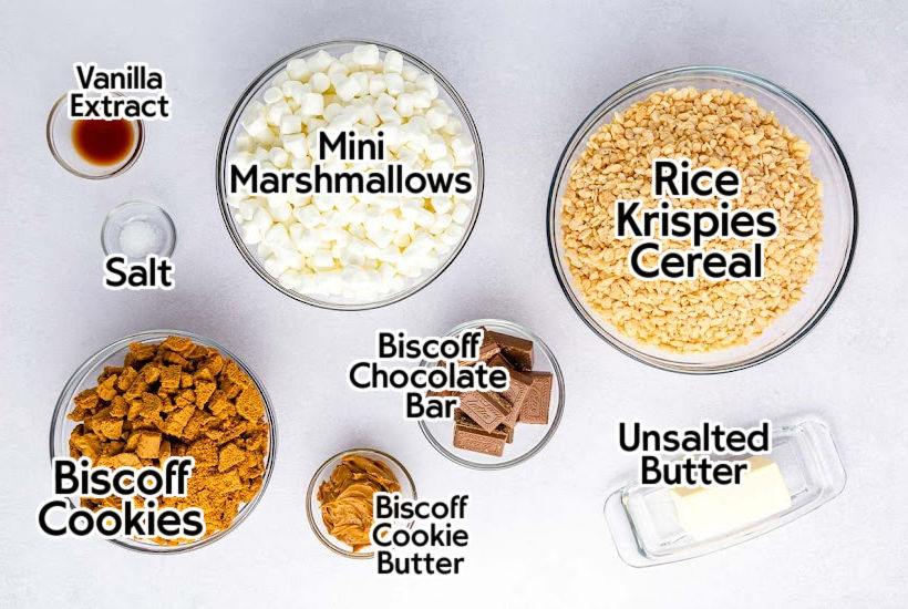 Ingredients needed to make Biscoff cookie butter Rice Krispie treats with text overlay.