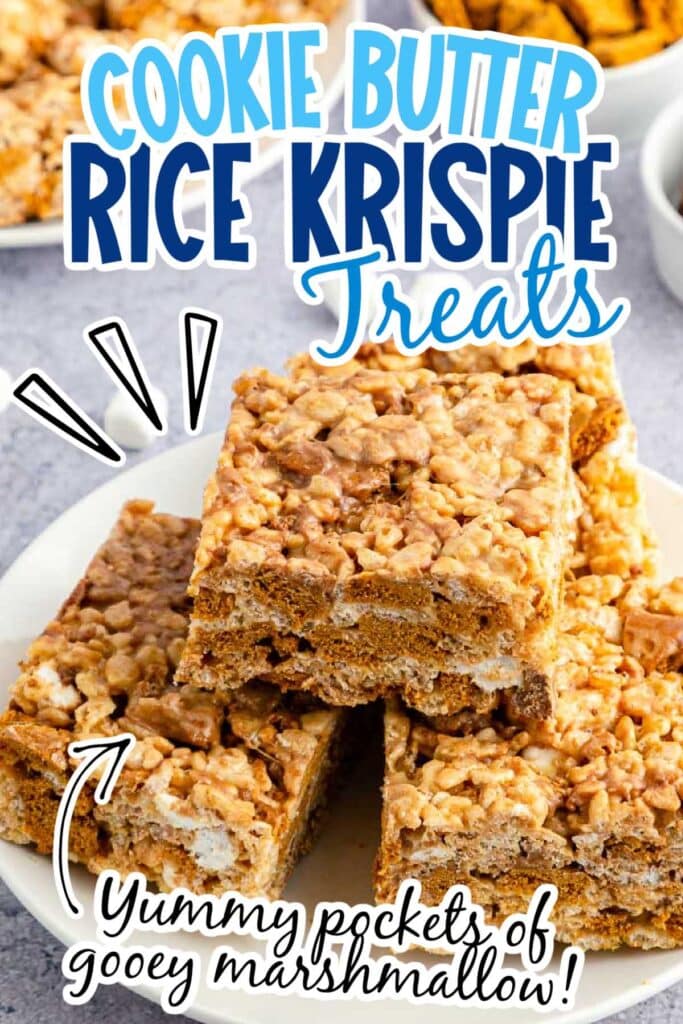 Plate of Biscoff Cookie Butter Rice Krispie Treats on a white plate with text overlay.