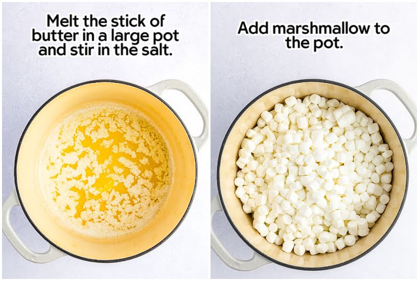 Two images of butter melted in a large pot and marshmallows added to the pot with text overlay.