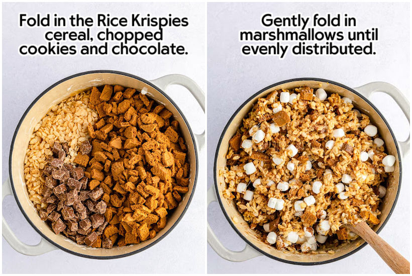 Side by side images of cereal, cookies, and chocolate in a pot and being stirred into the marshmallow mixture with text overlay.