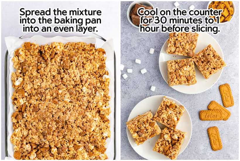 Two images of treat mixture spread into a 9x13 pan and Biscoff treats cut into squares on white plates.