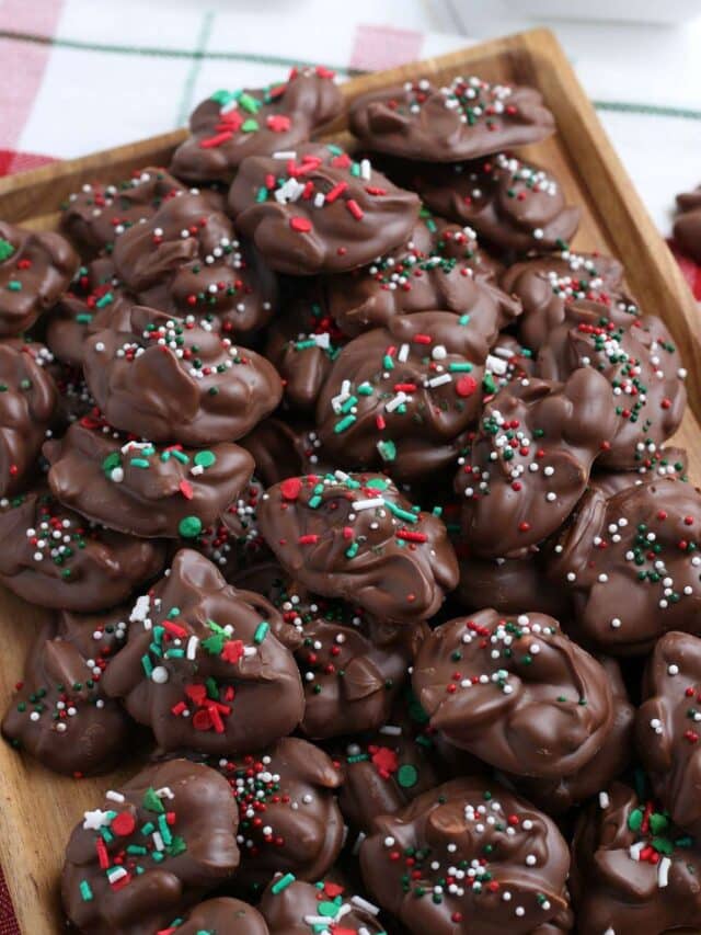 Closeup view of Crockpot Christmas Crack candy with red, green and white sprinkles.