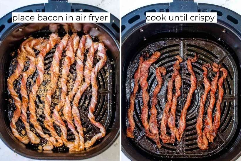 Two photo collage of uncooked bacon twists in the air fryer basket and cooked twists with text overlay.