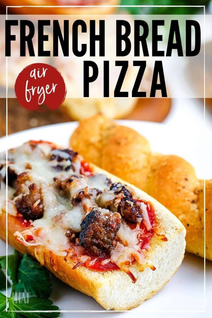 Air fryer pizza bread with cheese and toppings with text overlay.