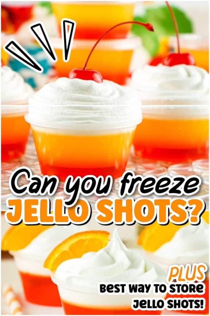 Orange jell-o shots garnished with whipped cream and orange slices with text overlay.