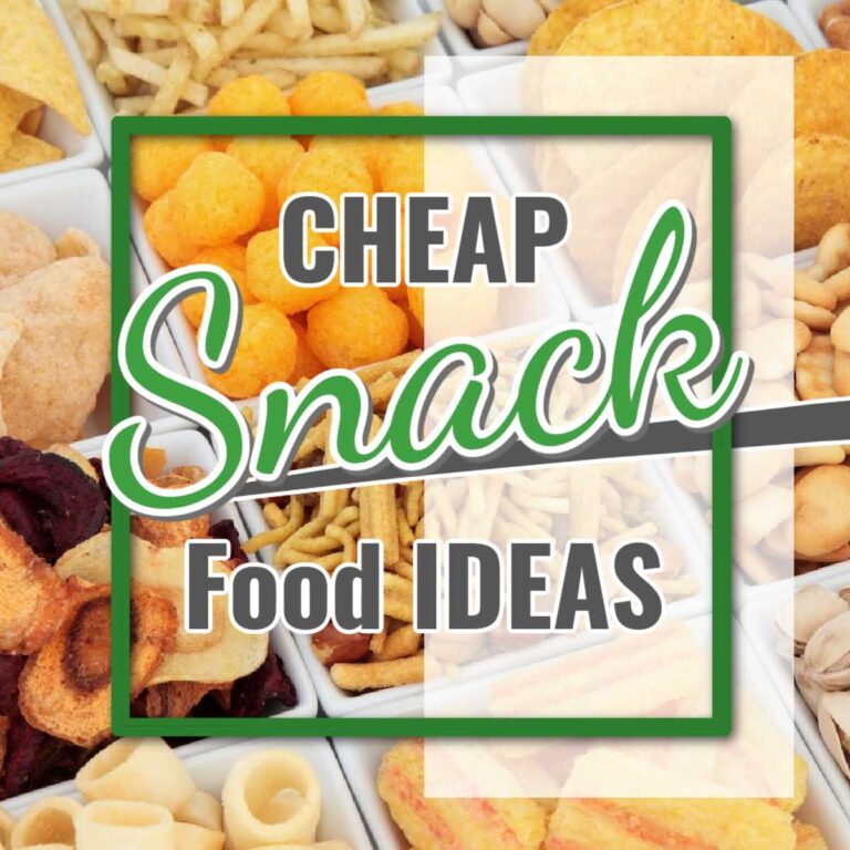 Small bowls filled with a variety of snack foods with Cheap Snack Food Ideas graphic overlay.