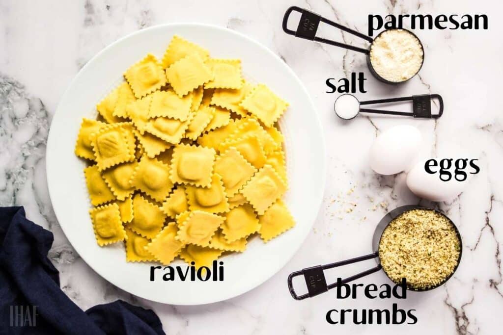 Ingredients to make air fryer ravioli with text labels.