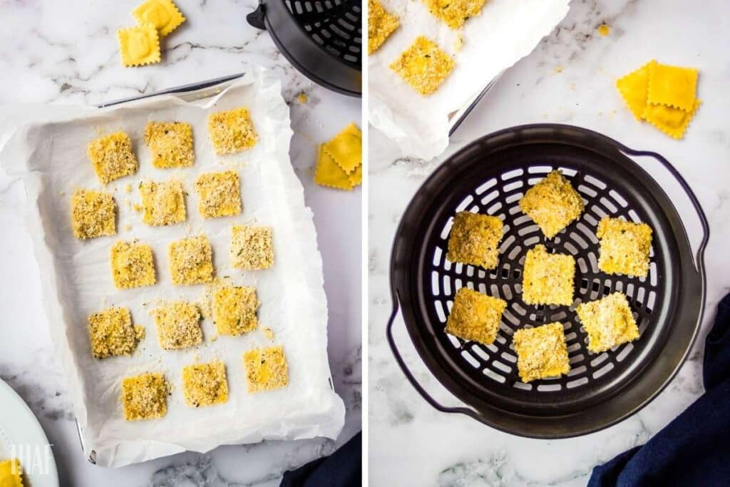Two photo collage of breaded raviolis on a paper lined sheet tray and raviolis in the air fryer basket.