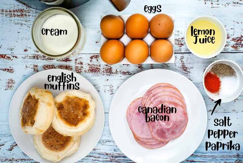 Ingredients to make air fryer eggs Benedict with text labels.