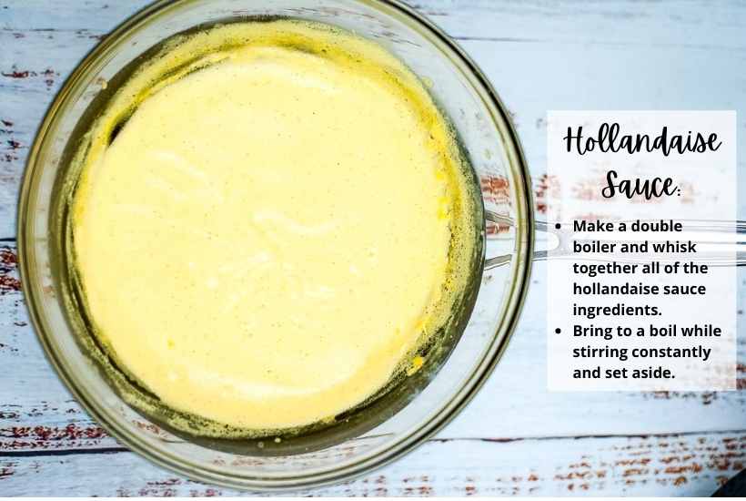 Bowl of hollandaise sauce and directions to make hollandaise sauce for eggs Benedict.