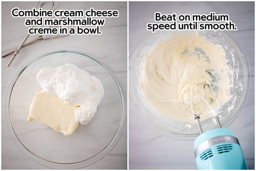 Two photo collage of cream cheese and marshmallow cream in a bowl and mixing the 2 ingredients to make fluffy fruit dip.