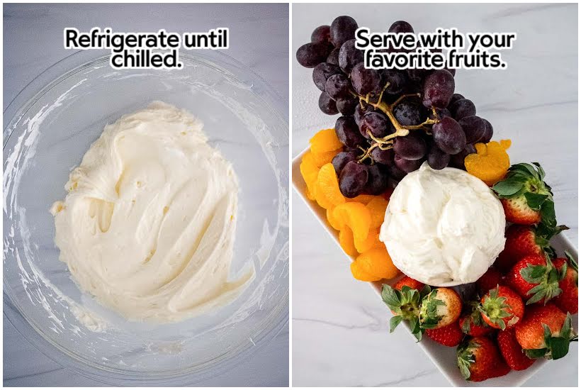 Two photo collage of marshmallow cream cheese fruit dip in a clear bowl and a platter of assorted fruits with a bowl of creamy dessert dip.