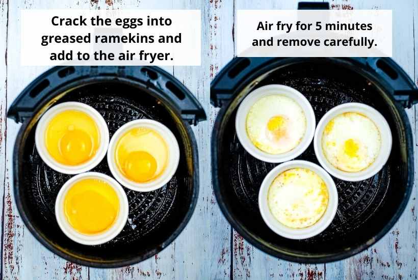 Two photo collage of raw eggs added to ramekin bowls and cooked eggs in the air fryer basket.