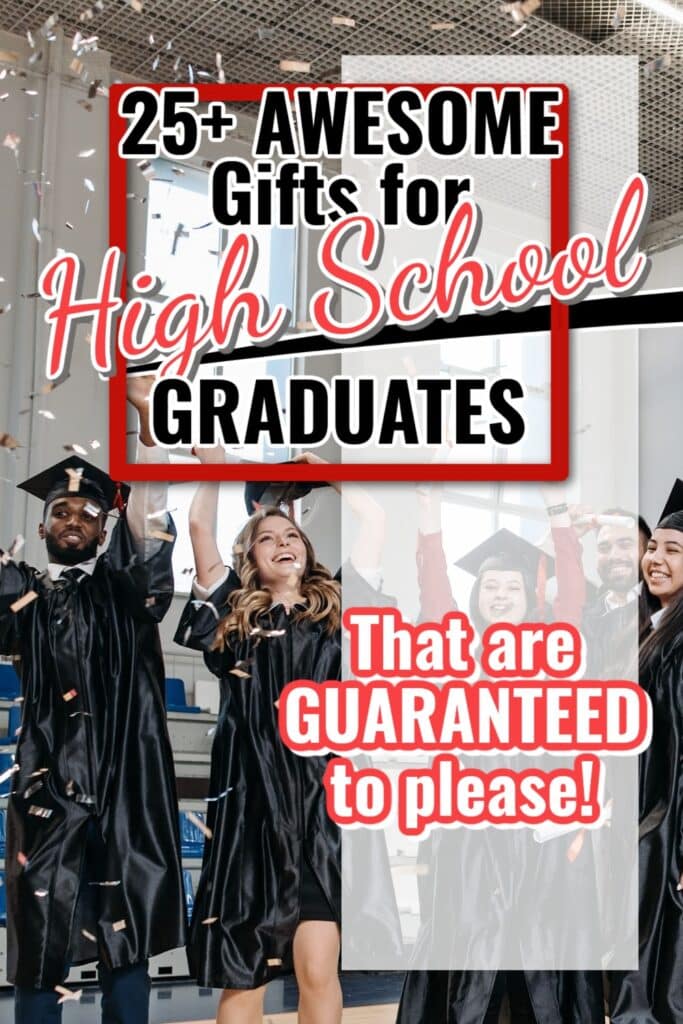 High school graduates throwing confetti in the air with awesome graduation gifts text overlay.